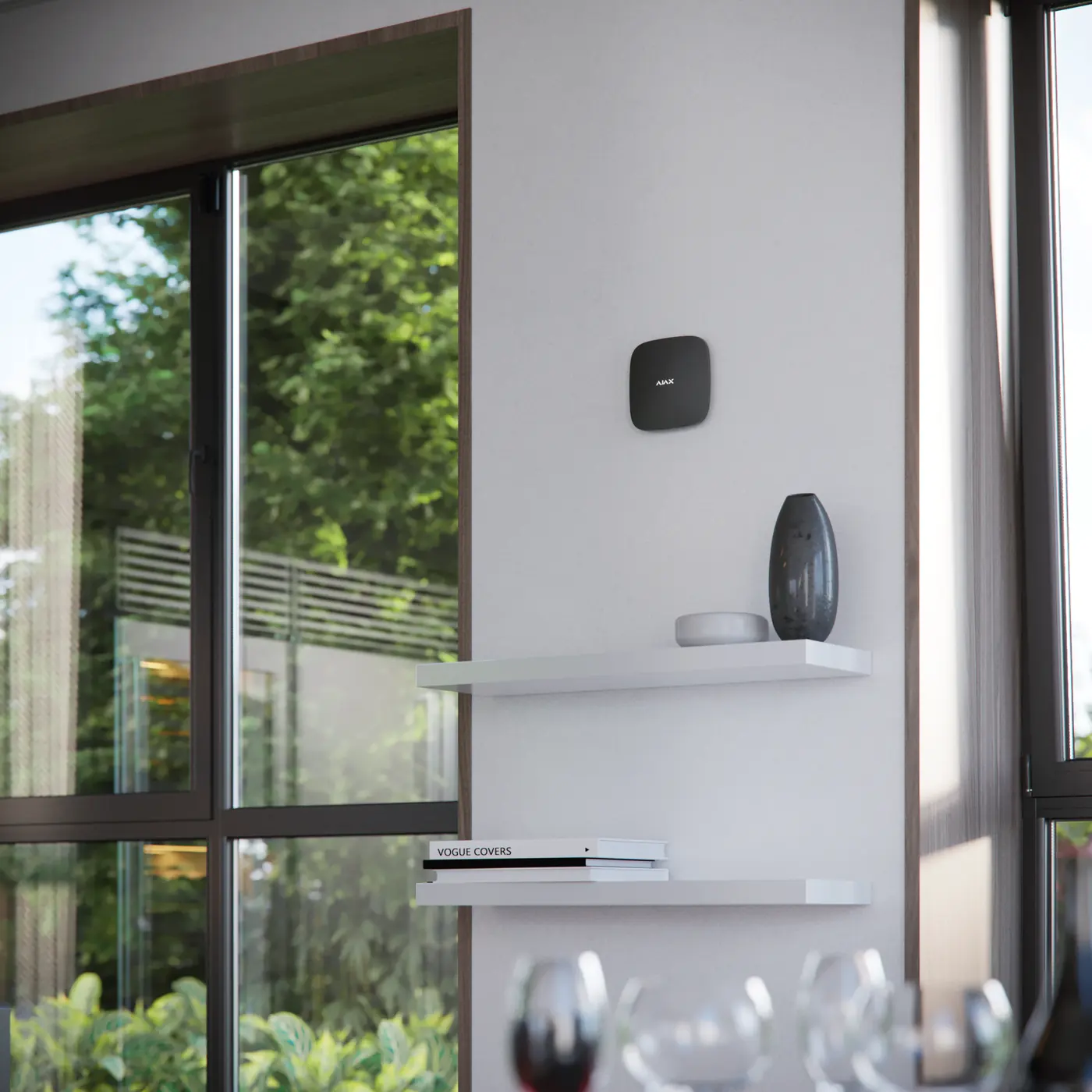 Discreet alarm keypad next to a large window