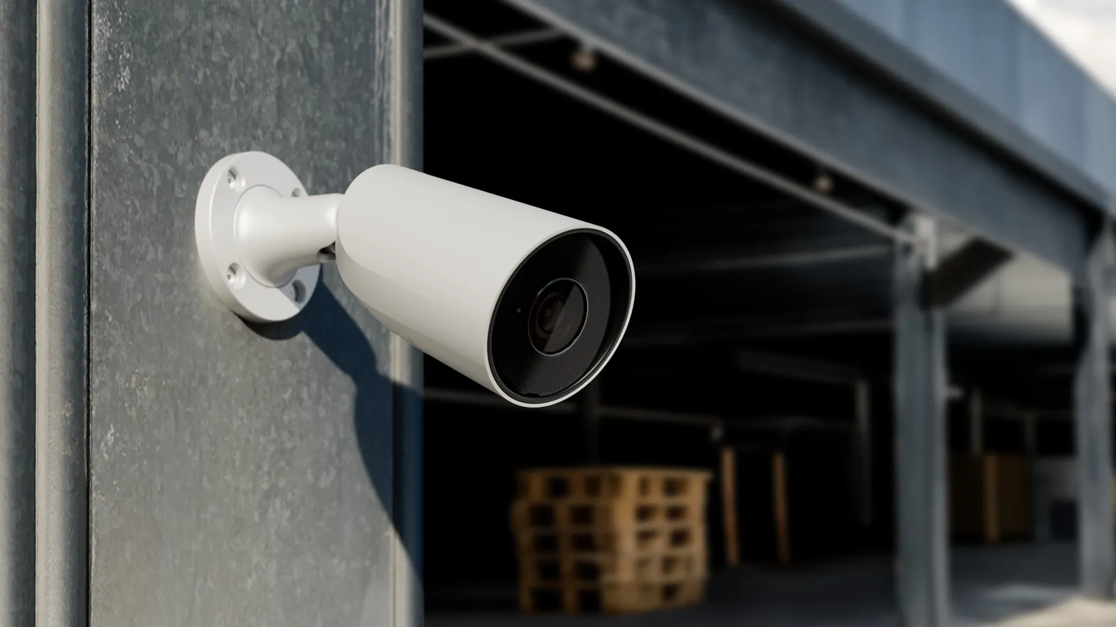 Caméra Ajax BulletCam blanche fixée sur un poteau en acier, à l’entrée d’un entrepôt